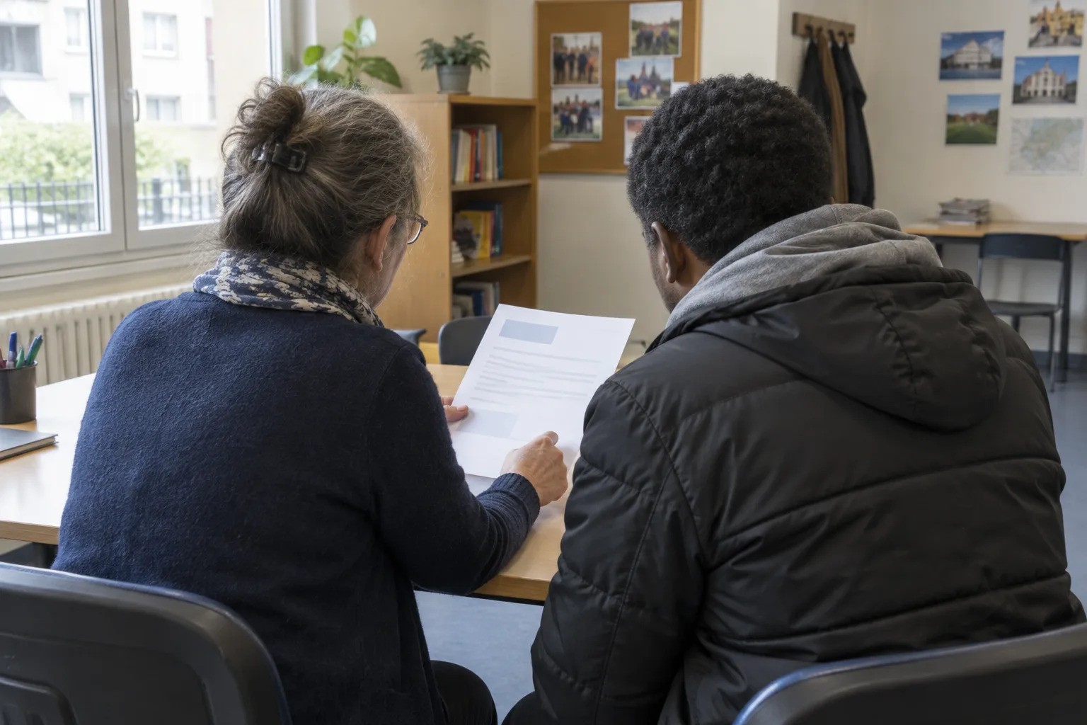 Dans un local associatif, une bénévole aide une personne à examiner un courrier de rendez-vous.