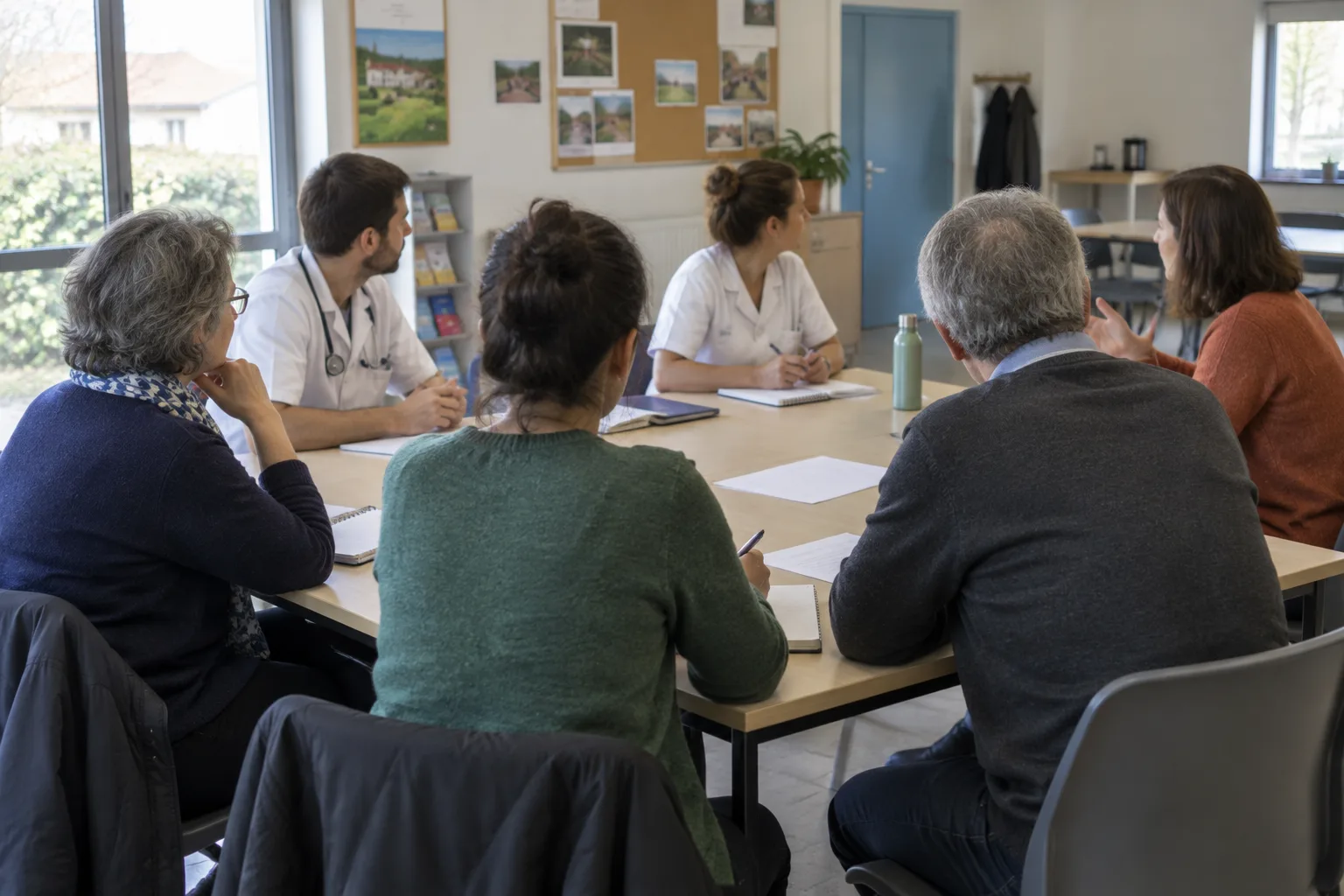 Des représentants associatifs et des professionnels de santé échangent autour d’une table dans un lieu de quartier.