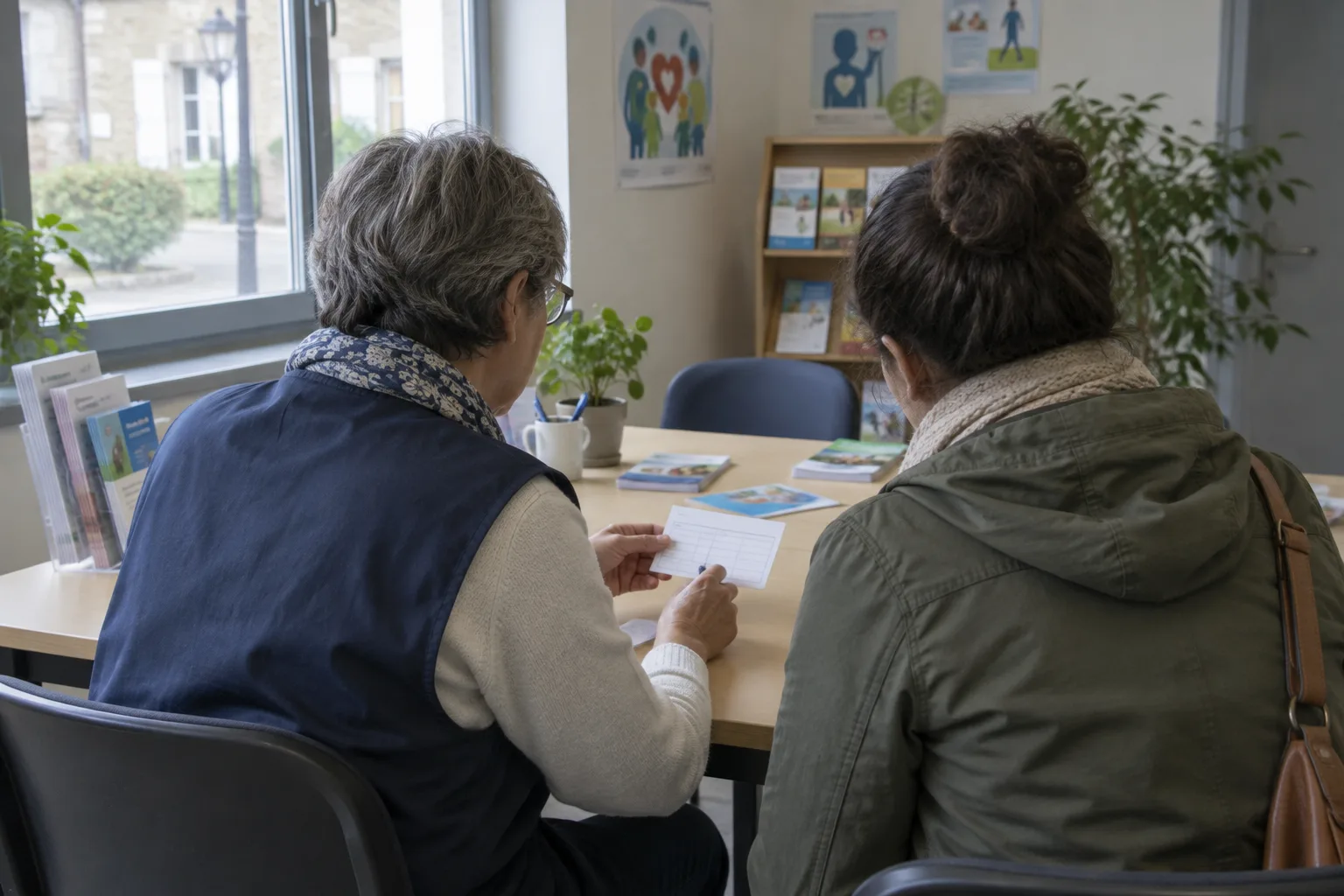 Une personne échange avec une bénévole dans un espace d’accueil associatif consacré à l’orientation en santé.