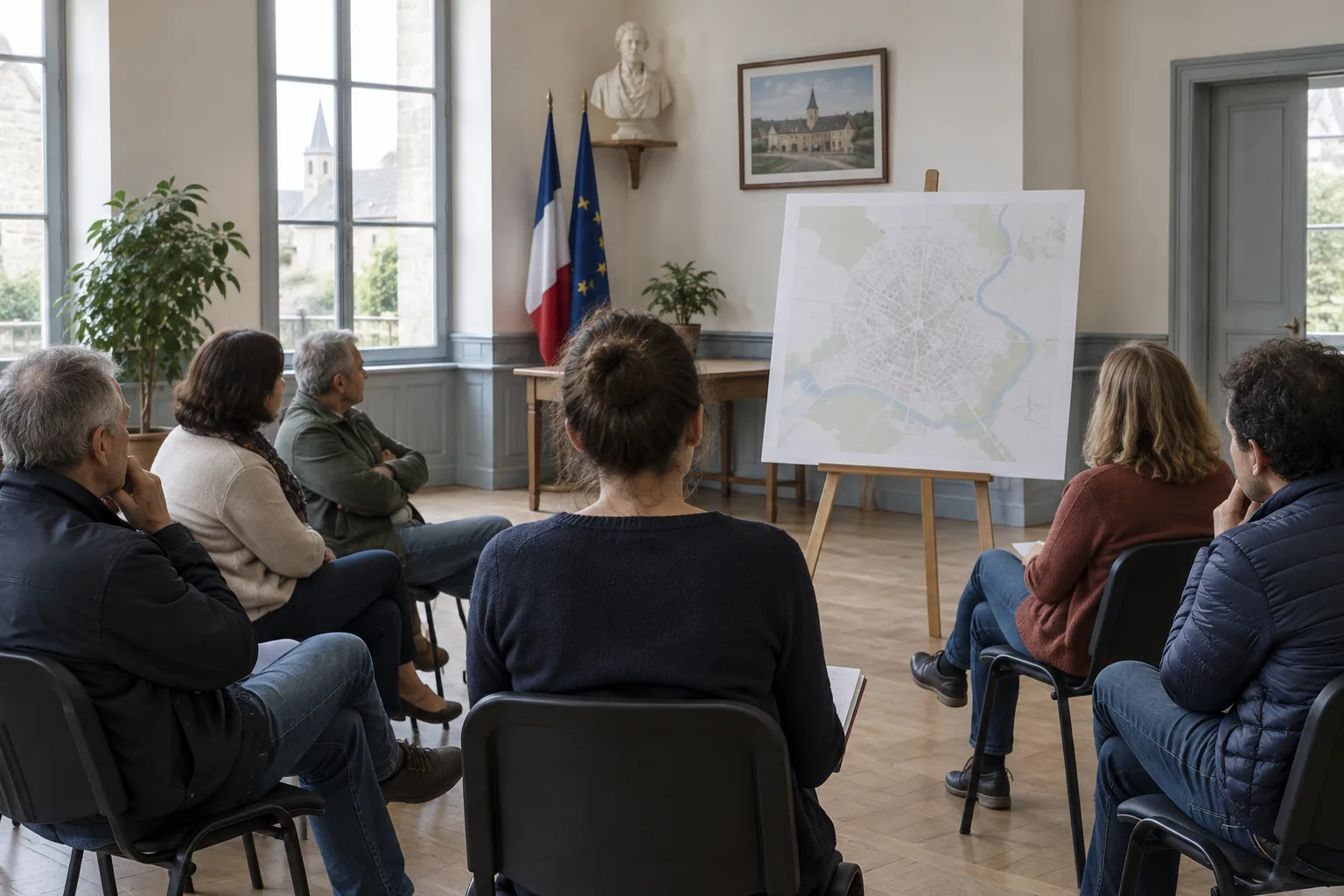 Une réunion de concertation locale avec une carte de quartier présentée aux participants.