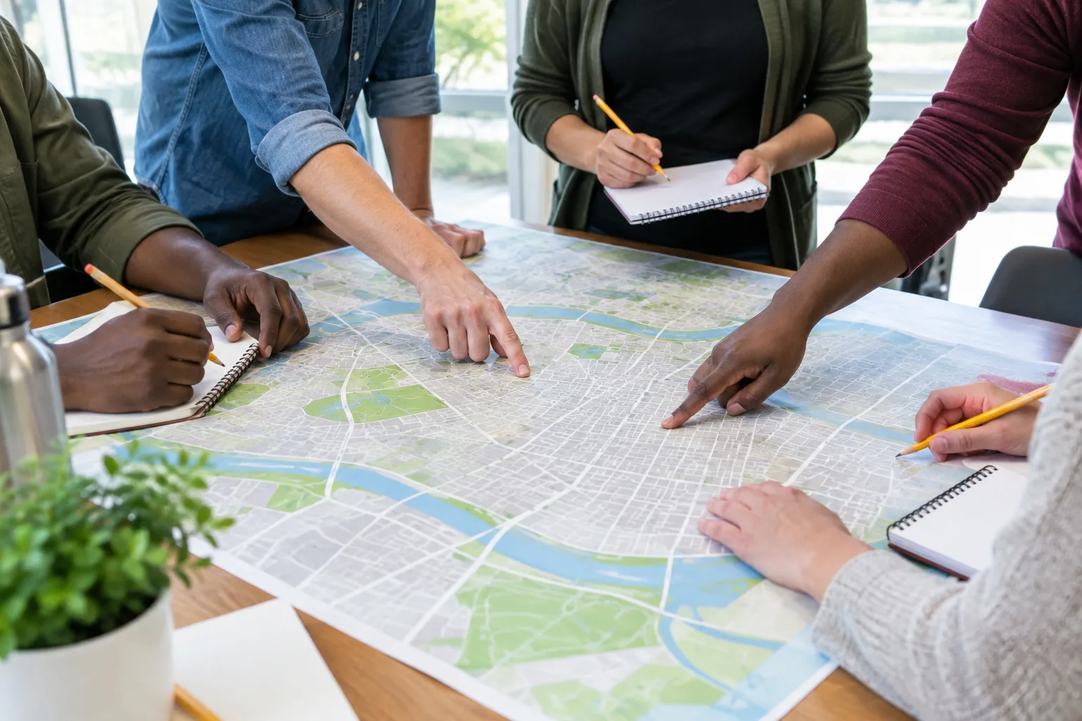 Des bénévoles de plusieurs structures examinent ensemble une carte du quartier.