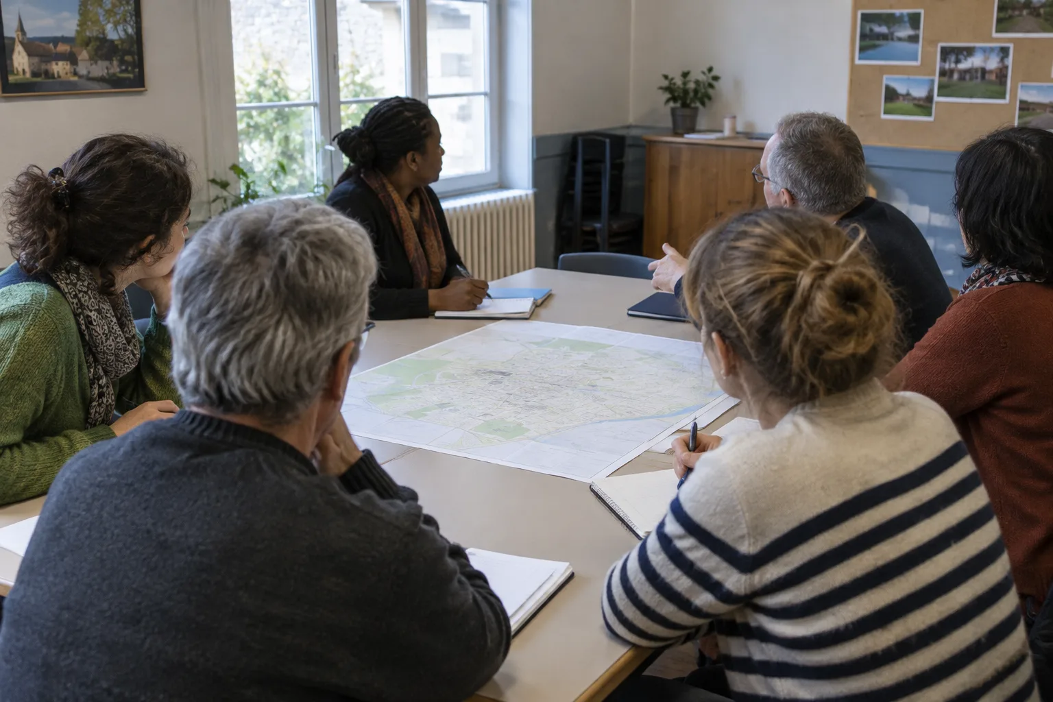 Des participants échangent autour d’une table lors d’une réunion associative de quartier.