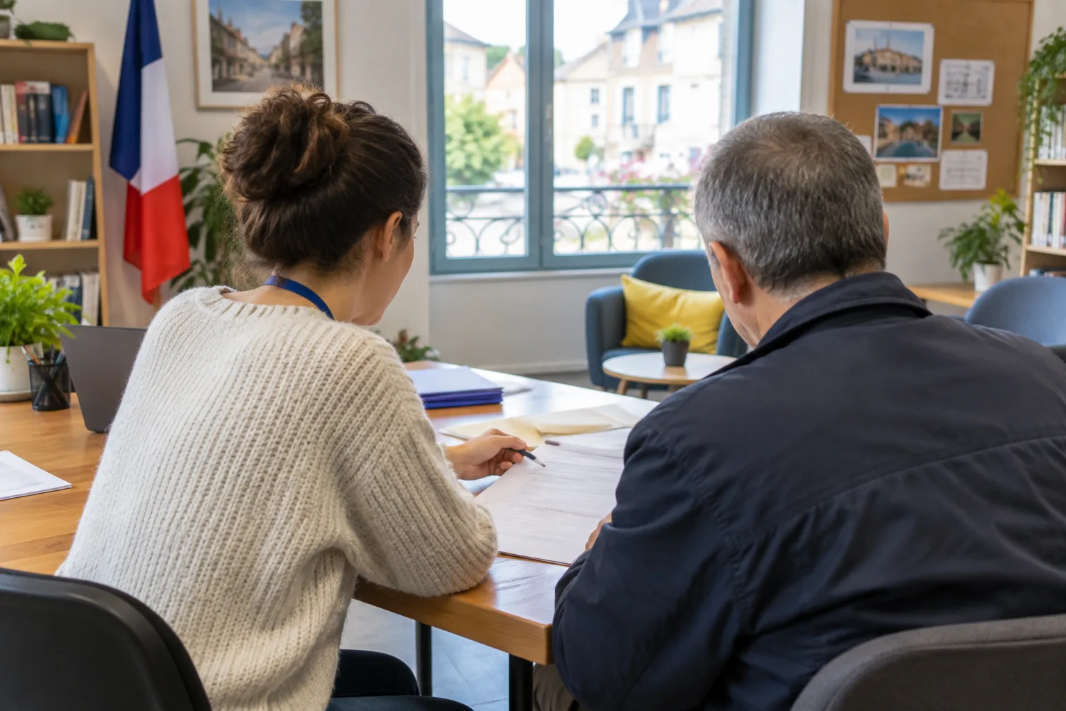 Une bénévole accompagne une personne dans la lecture de documents lors d’une permanence associative.