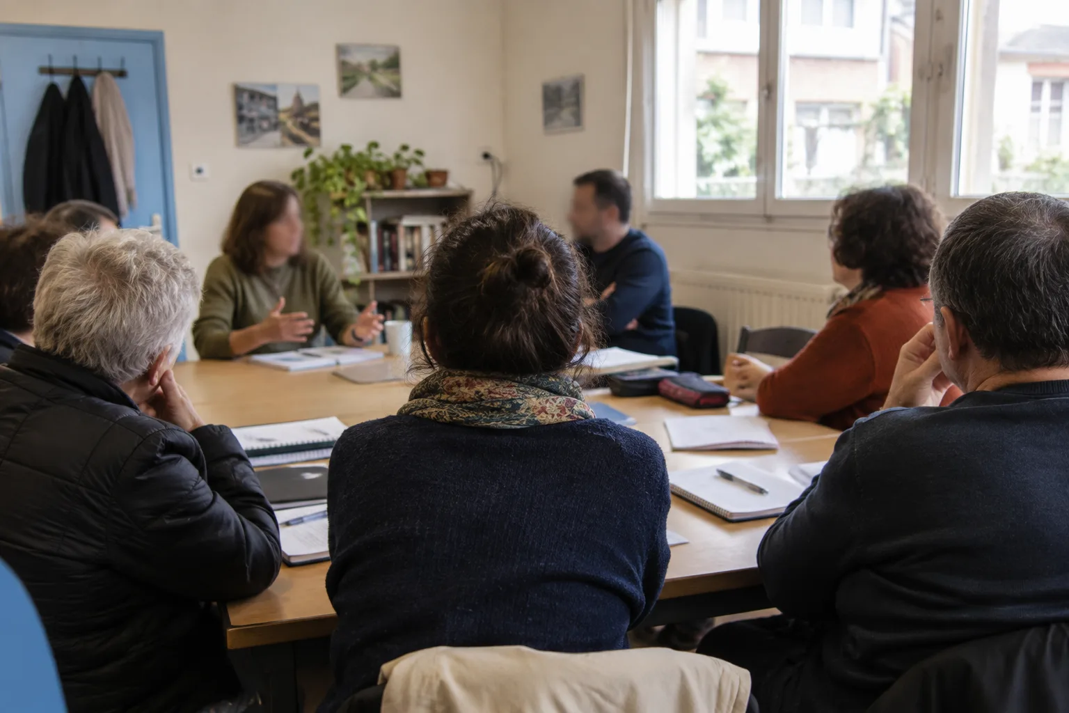 Des participants échangent autour d’une table dans une salle associative.