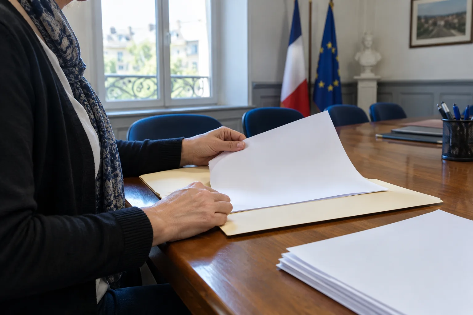 Une personne consulte un dossier de demande dans une salle de réunion associative.