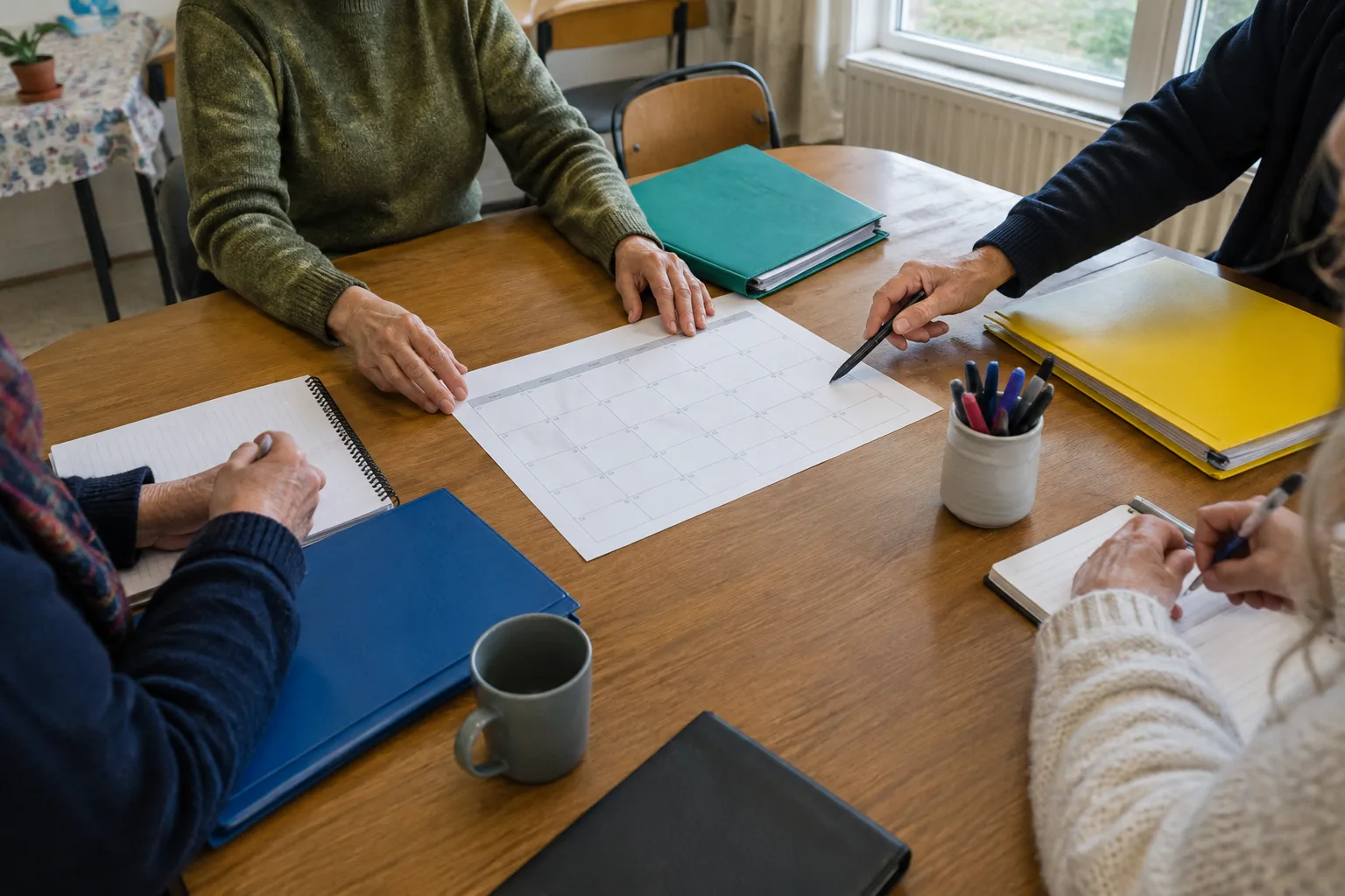 Des documents et un calendrier vierge sont disposés sur la table d’une salle associative.