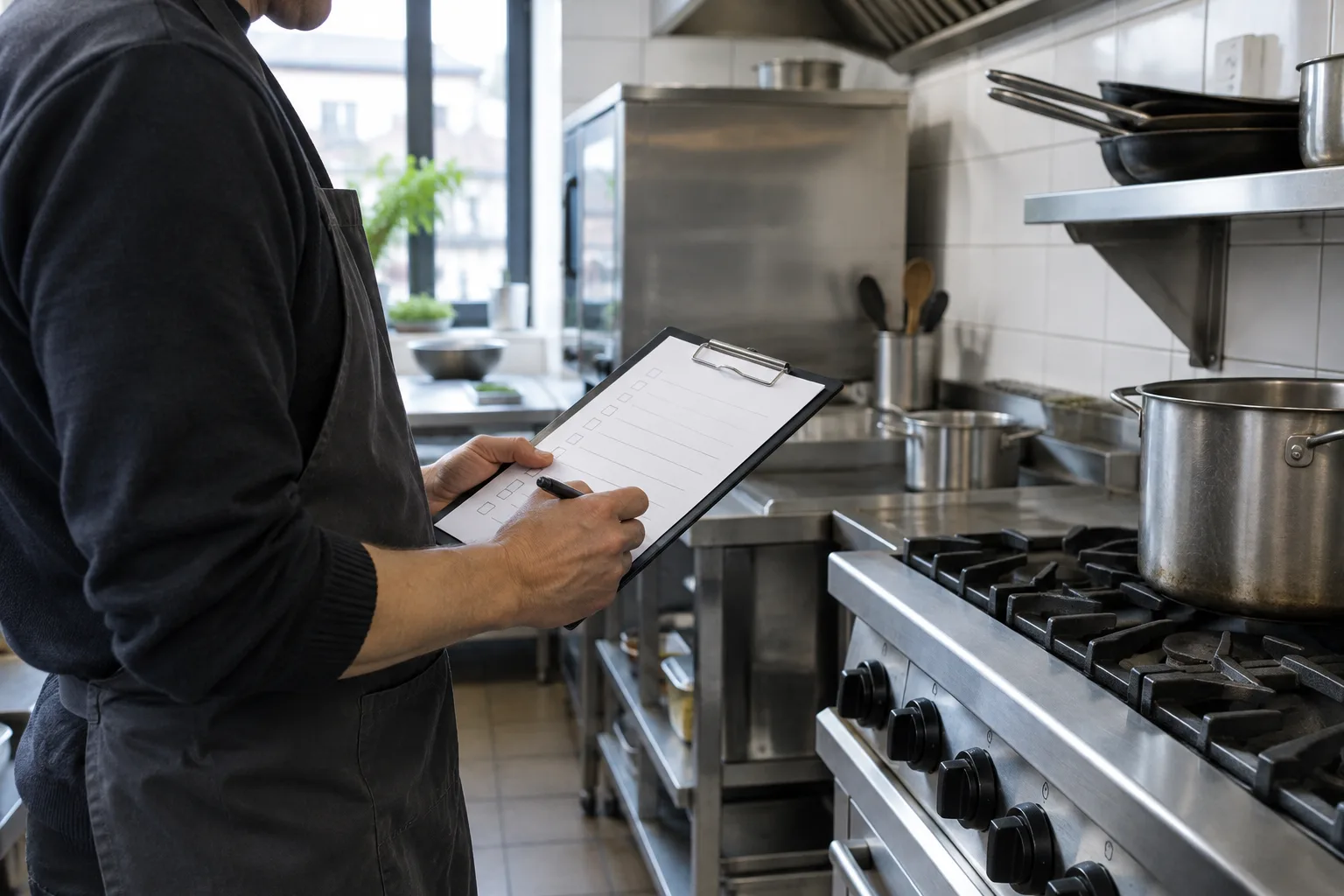 Un restaurateur vérifie ses équipements de cuisine à l’aide d’une liste.