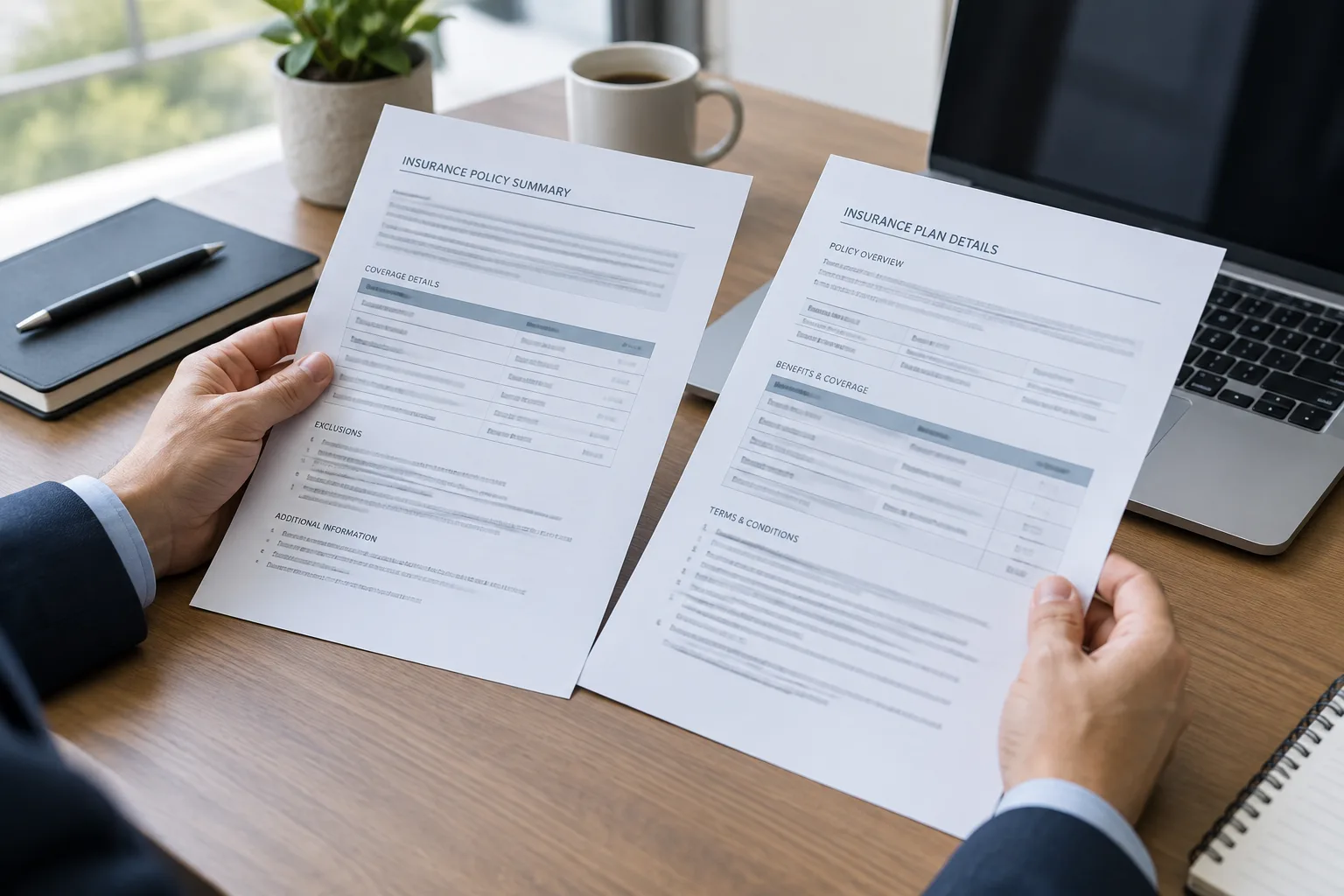 Des mains comparent des documents d’assurance professionnelle sur un bureau.