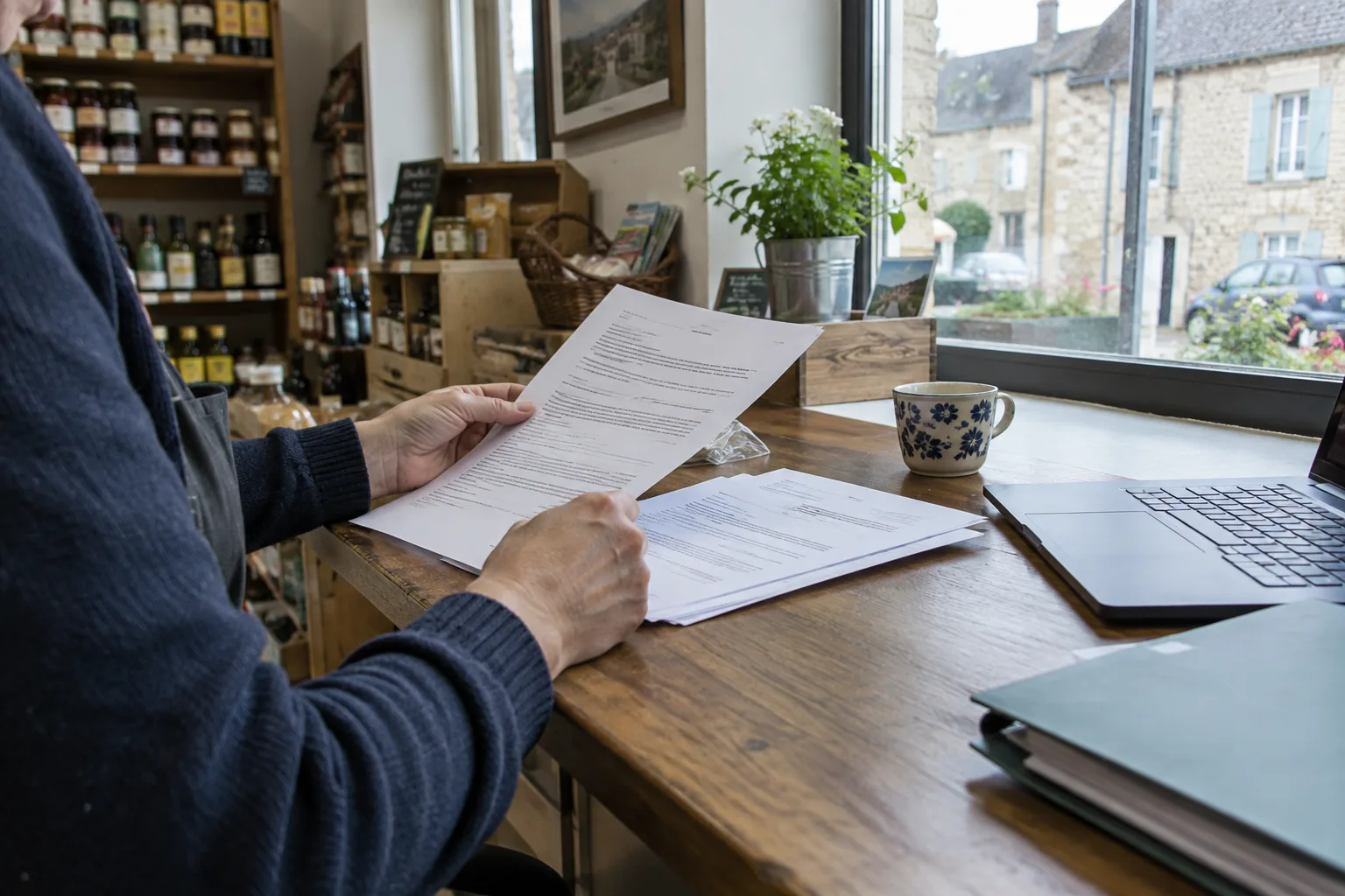 Un entrepreneur examine des documents professionnels à son bureau, dans un commerce.