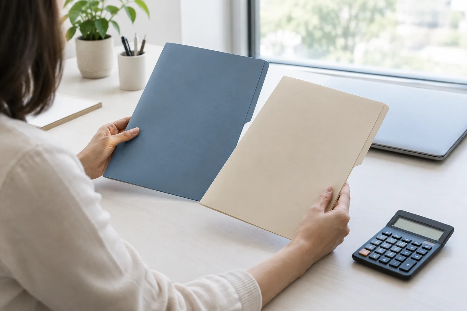 Un dirigeant compare des dossiers de propositions comptables posés près d’une calculatrice.