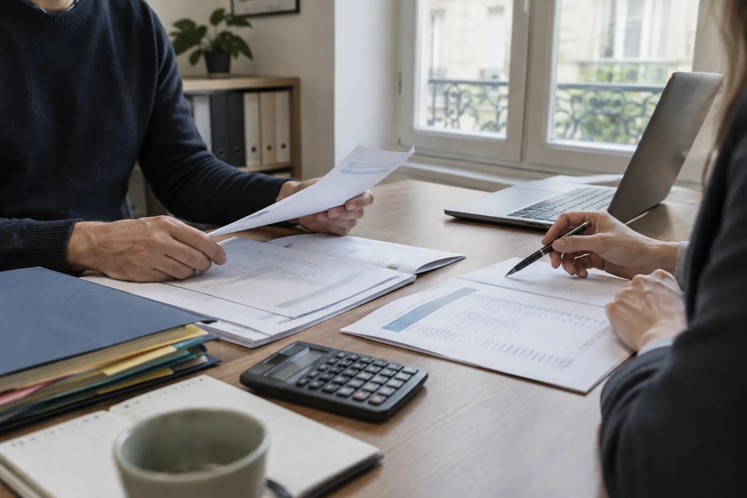 Un entrepreneur examine des documents comptables avec un professionnel dans un bureau.