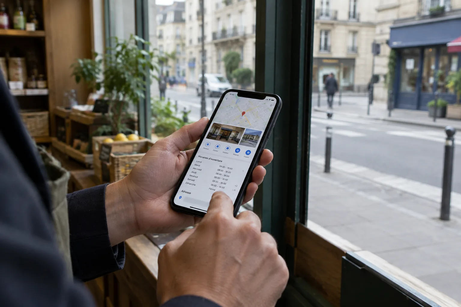 À proximité de la vitrine d’un commerce, une personne vérifie des informations pratiques sur un téléphone.