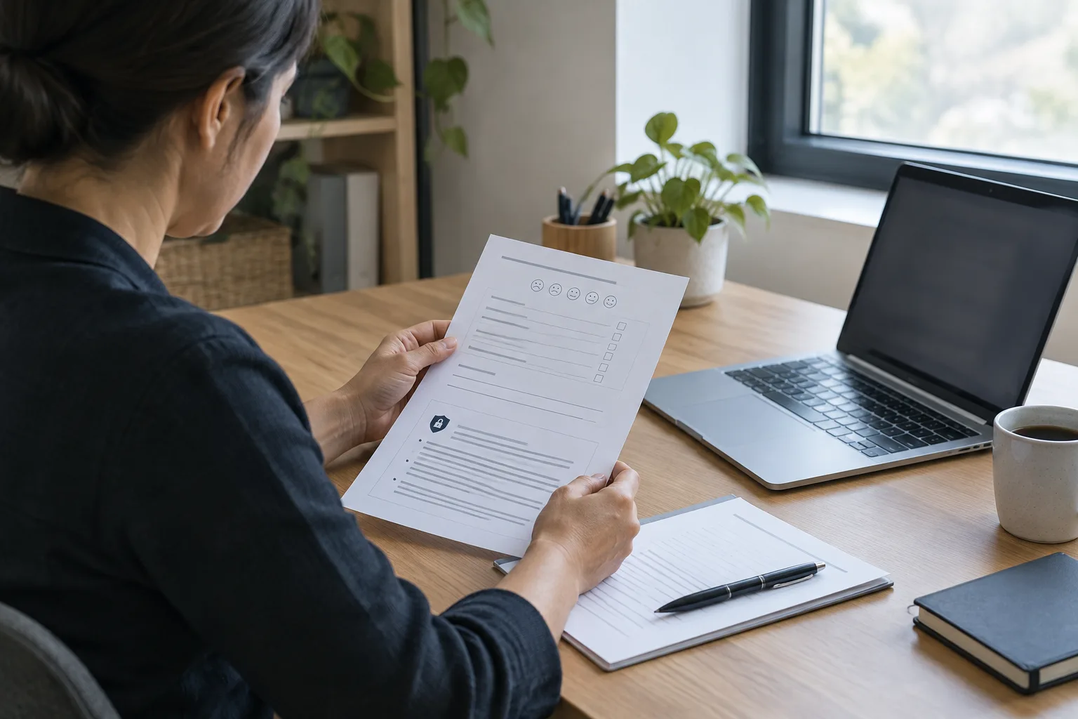 Une personne examine des retours clients et des notes de confidentialité devant un ordinateur.