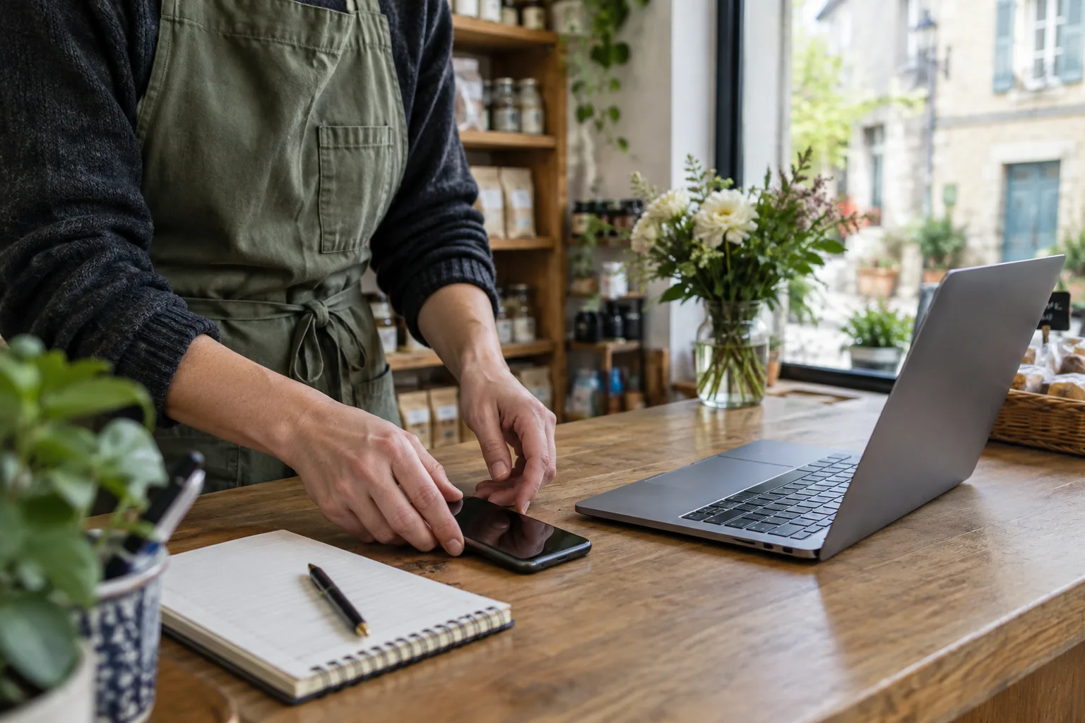 Un commerçant prépare des informations numériques sur un comptoir, avec un téléphone, un carnet et un ordinateur.