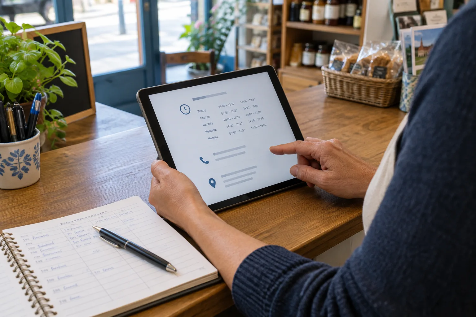 Des mains consultent une tablette posée à côté d’un carnet de rendez-vous sur un comptoir.