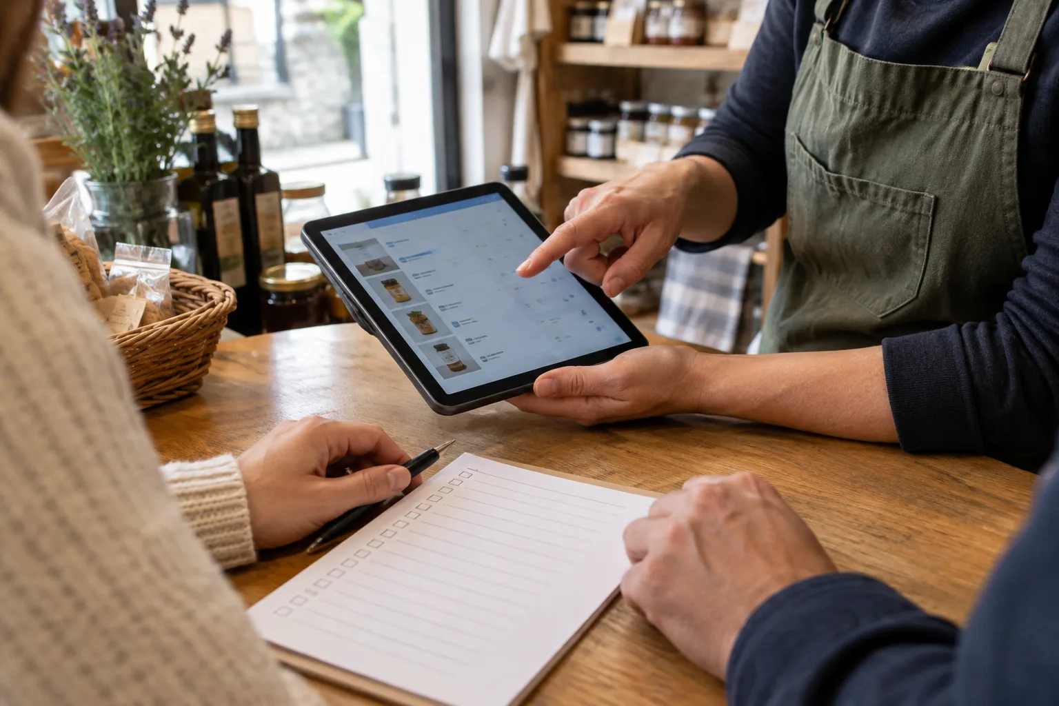 Deux personnes échangent autour d’une tablette et d’une liste de tâches dans un commerce.