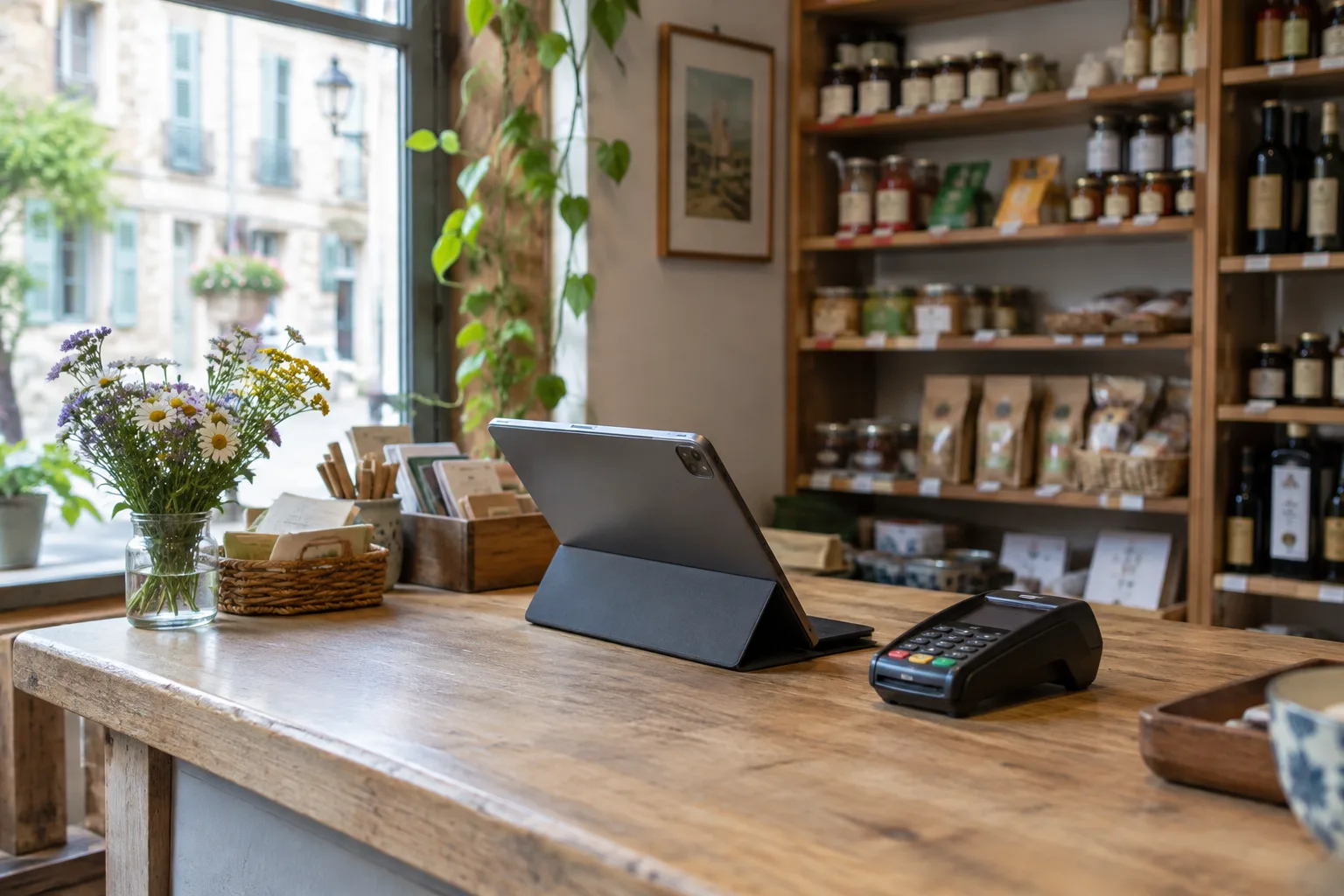 Un terminal de paiement et une tablette posés sur le comptoir d’un commerce de proximité.