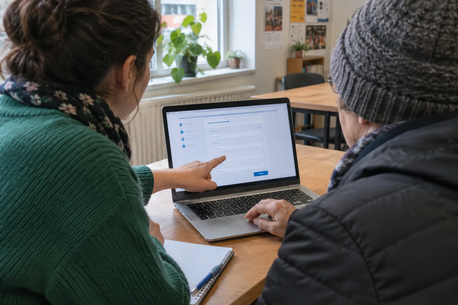Une bénévole accompagne une personne dans la consultation d’un formulaire administratif en ligne.
