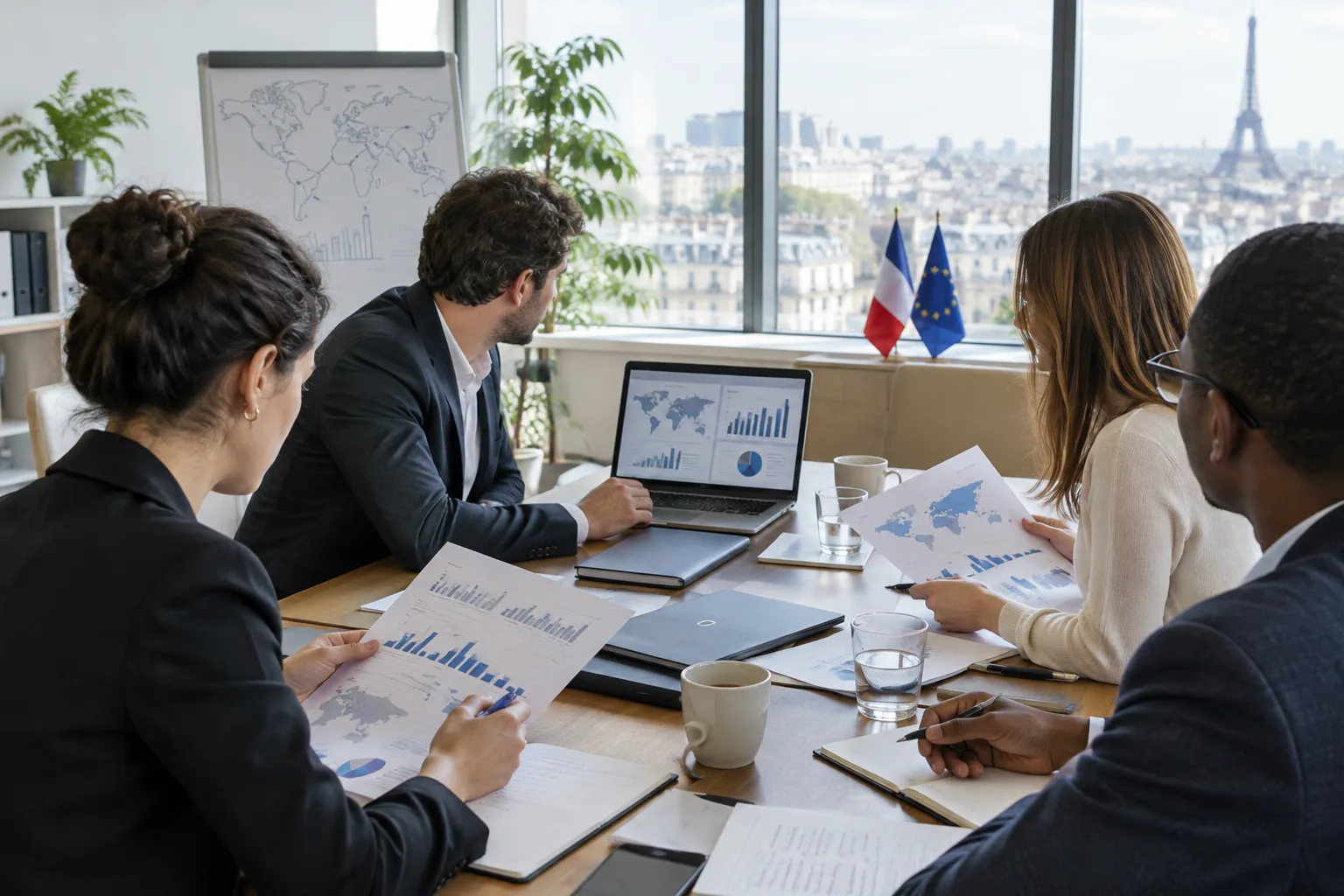 Une équipe prépare des supports commerciaux autour d’une table de réunion.