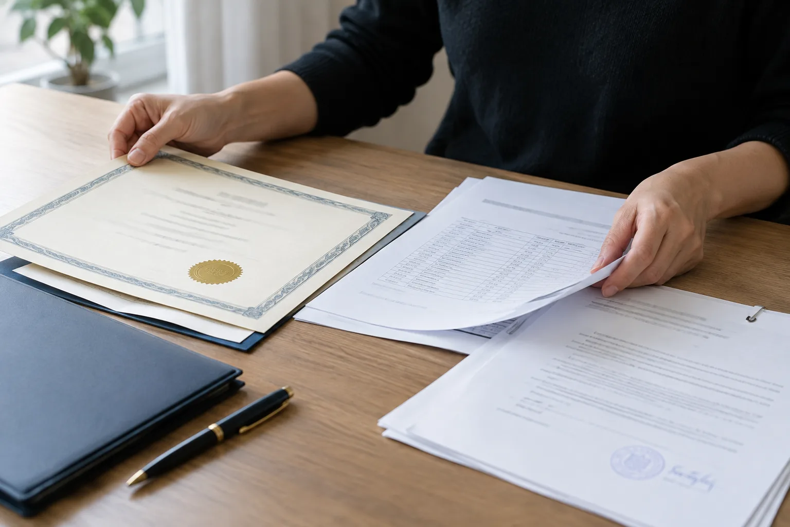 Des mains classent un diplôme, des relevés de notes et des documents de traduction dans un dossier.