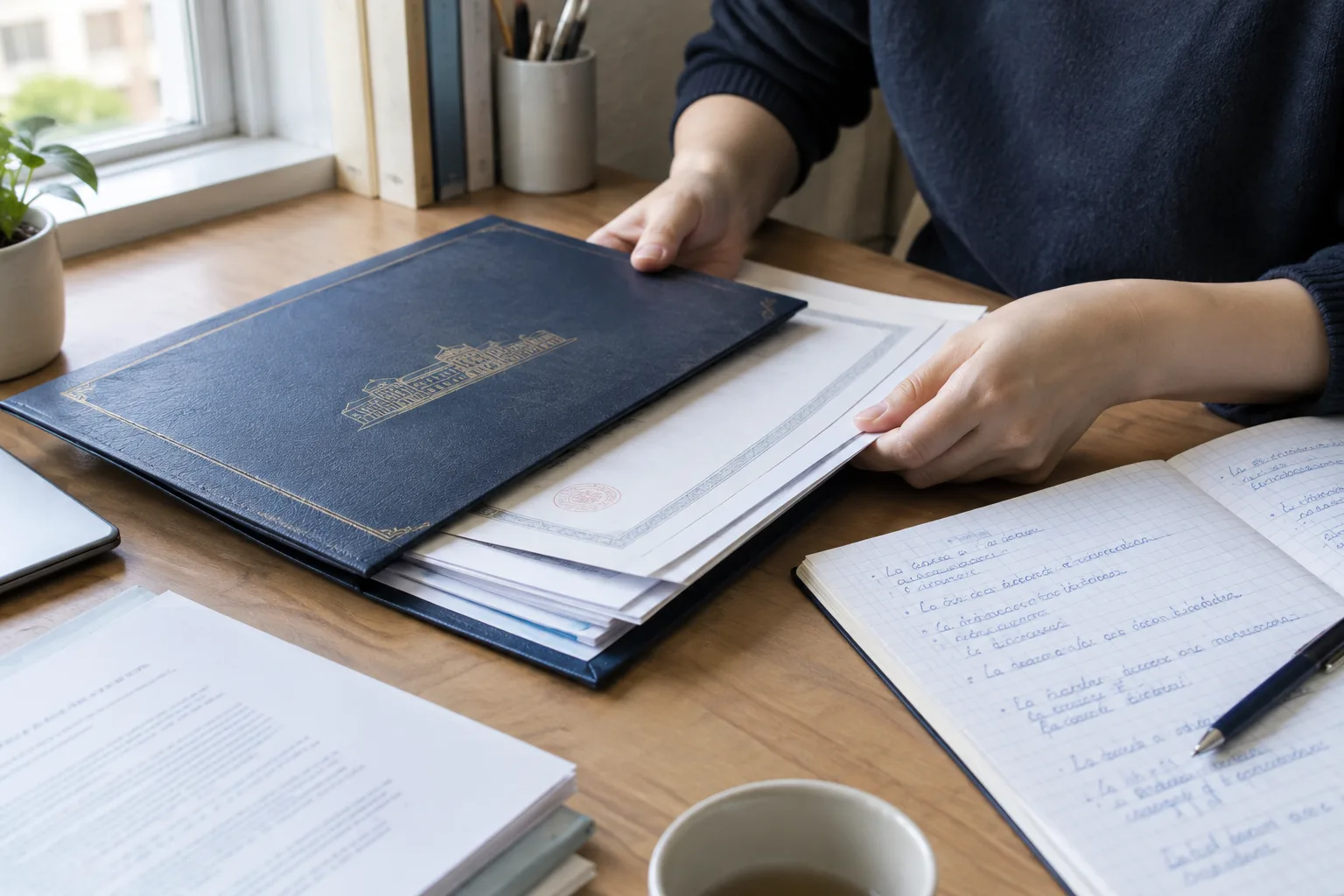 Des documents universitaires et un carnet sont disposés sur un bureau pour préparer un dossier de diplôme.