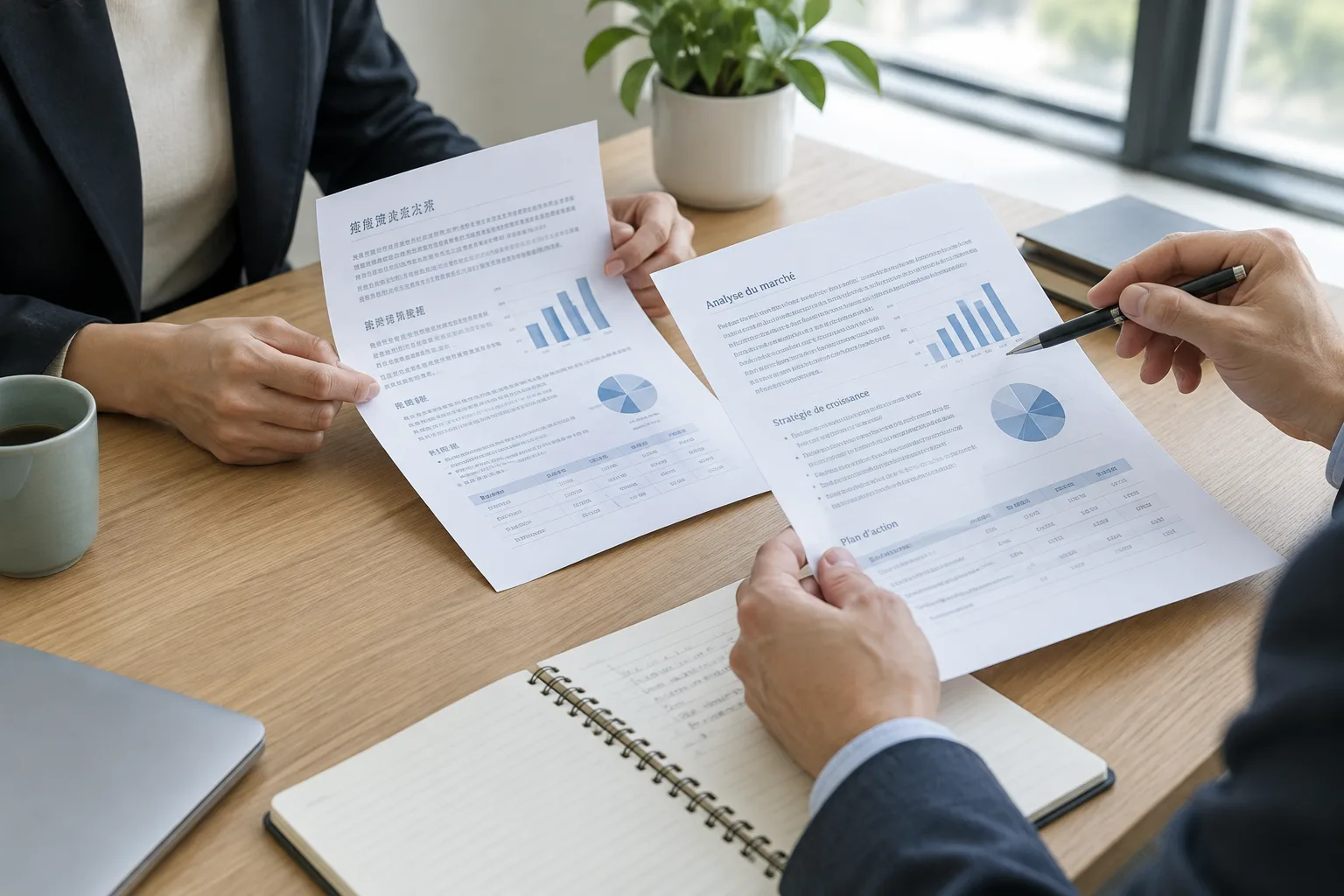 Des documents commerciaux en chinois et en français sont comparés sur un bureau.