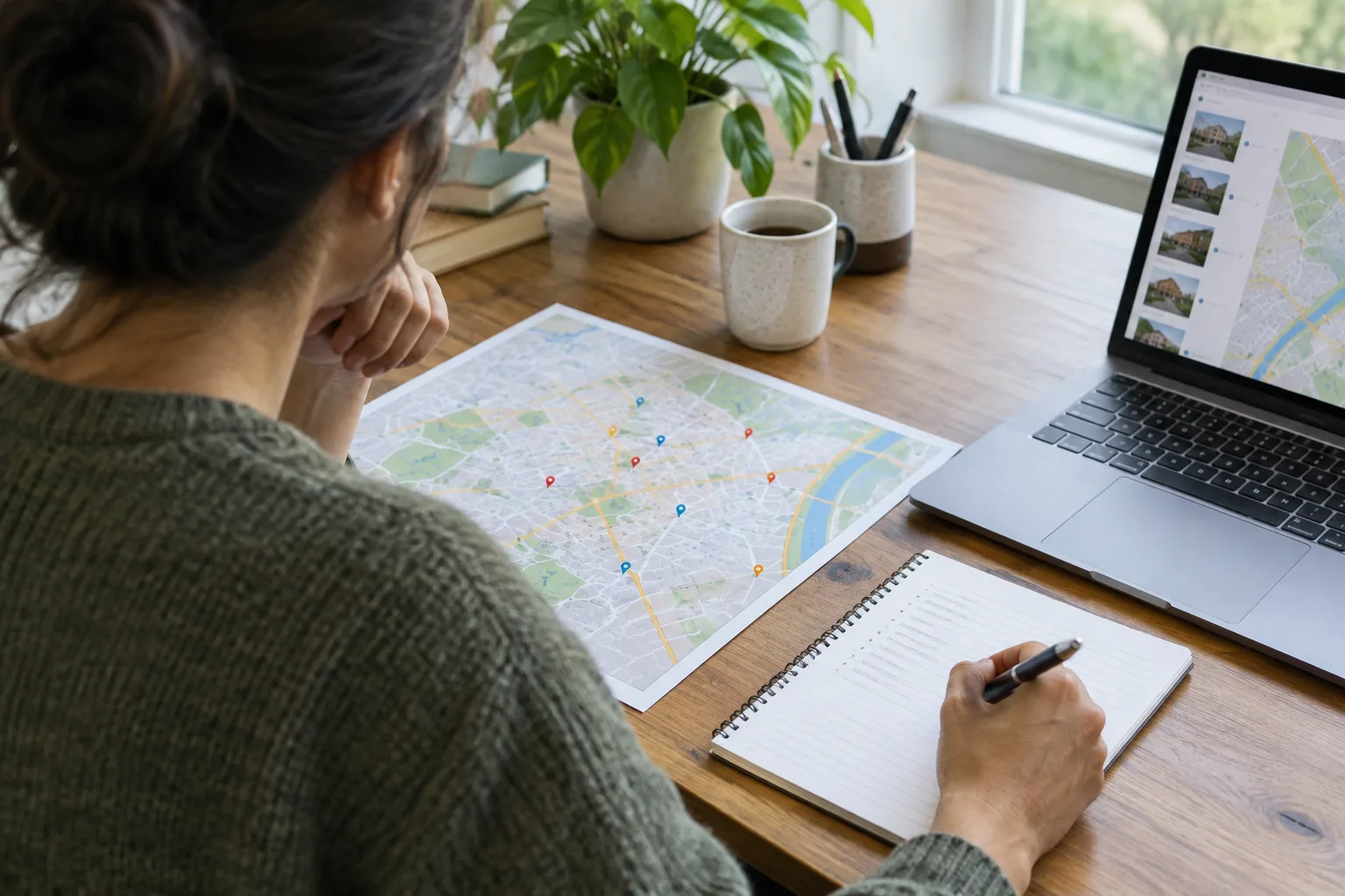 Un entrepreneur prépare une démarche de prospection en étudiant une carte et des notes.