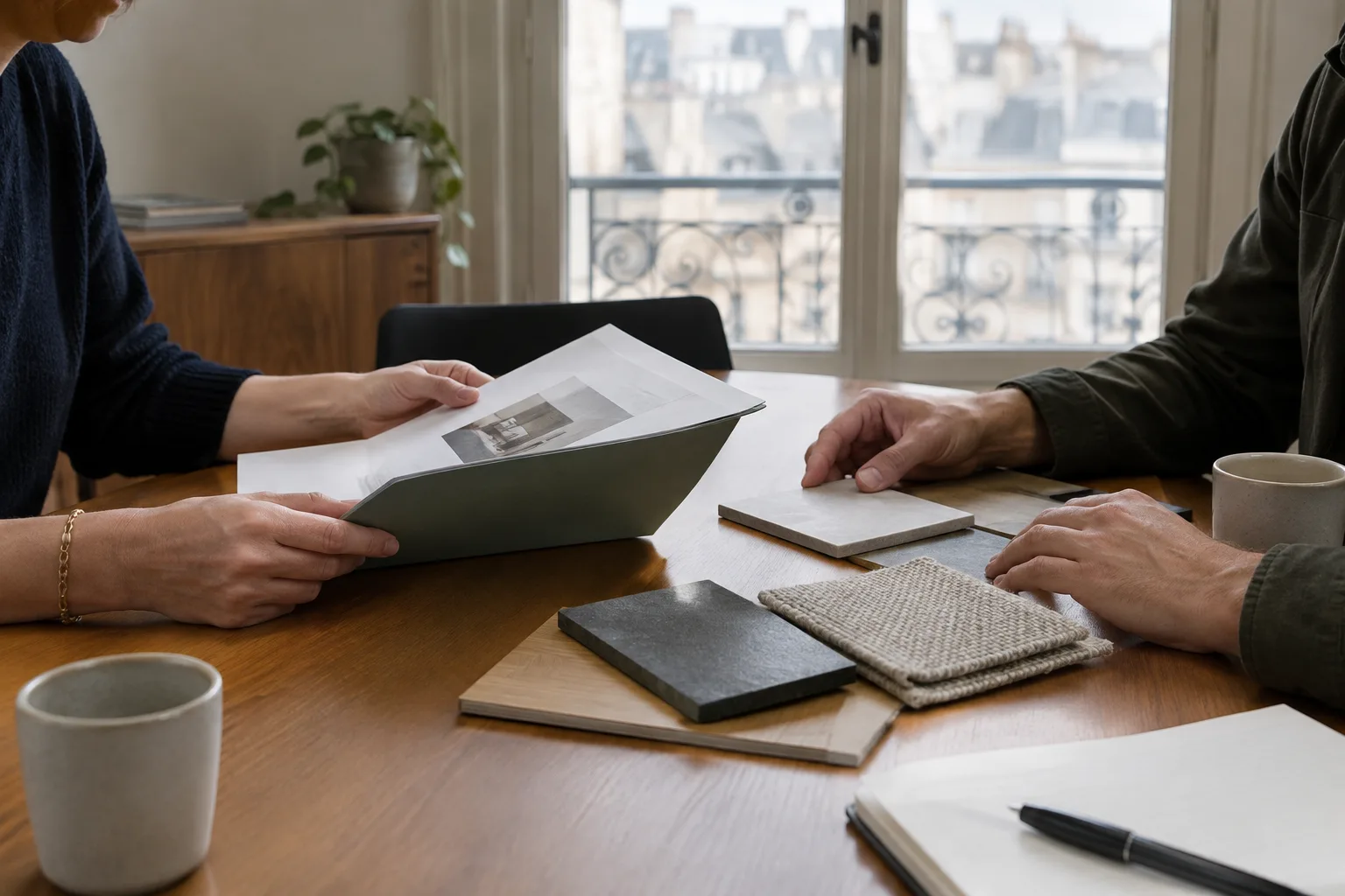 Deux entrepreneurs échangent autour de documents et d’échantillons lors d’un rendez-vous professionnel.
