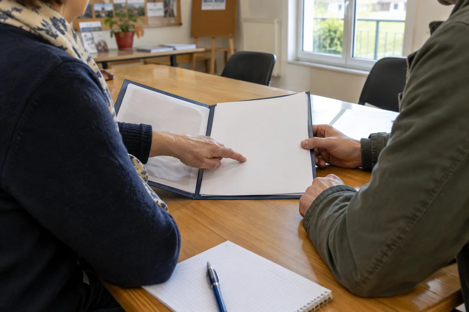 Une personne bénévole et un porteur de projet examinent des documents dans une salle associative.
