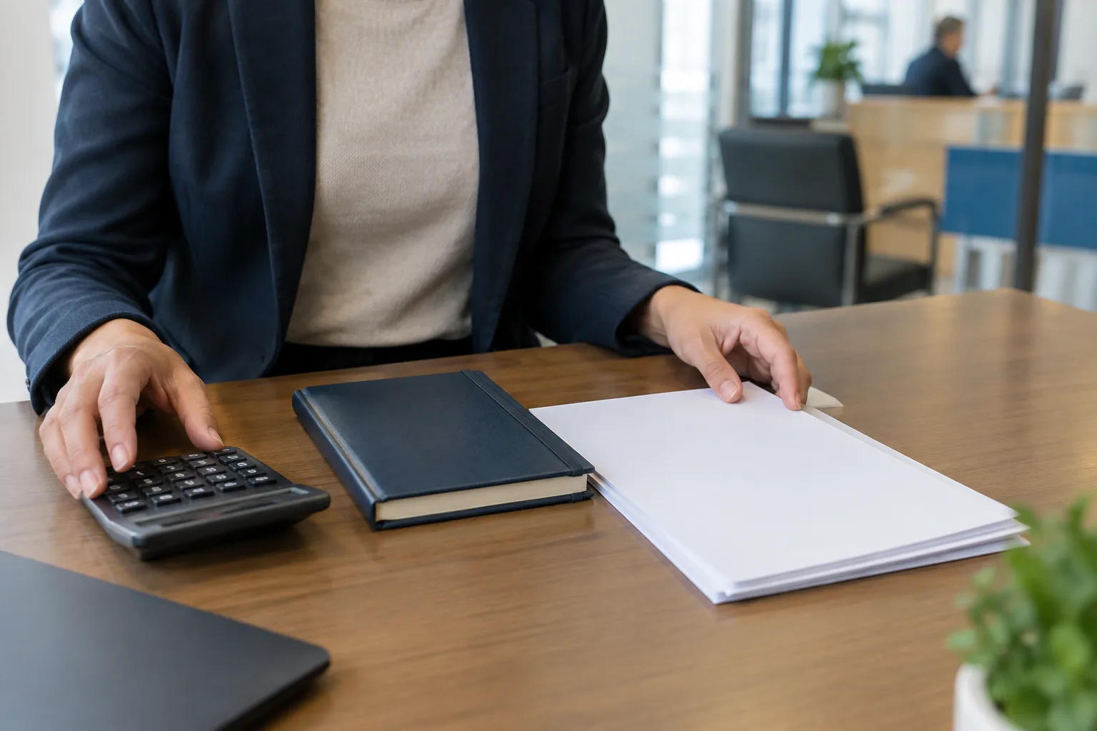 Des documents vierges, un carnet fermé et une calculatrice sont disposés sur un bureau.
