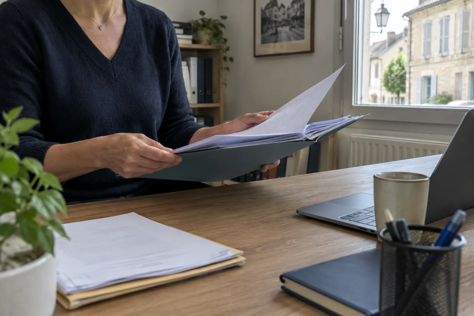 Un entrepreneur consulte des documents professionnels dans un bureau de quartier.