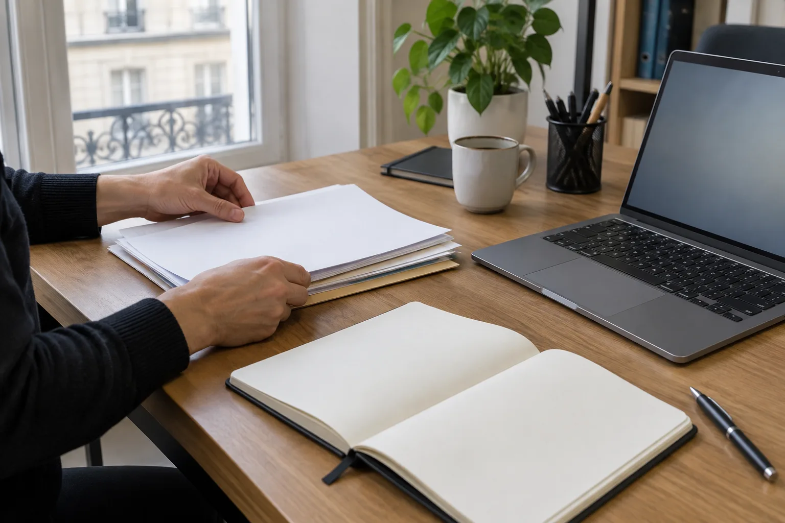 Des mains organisent des documents et un carnet avant un rendez-vous lié à la création d’entreprise.
