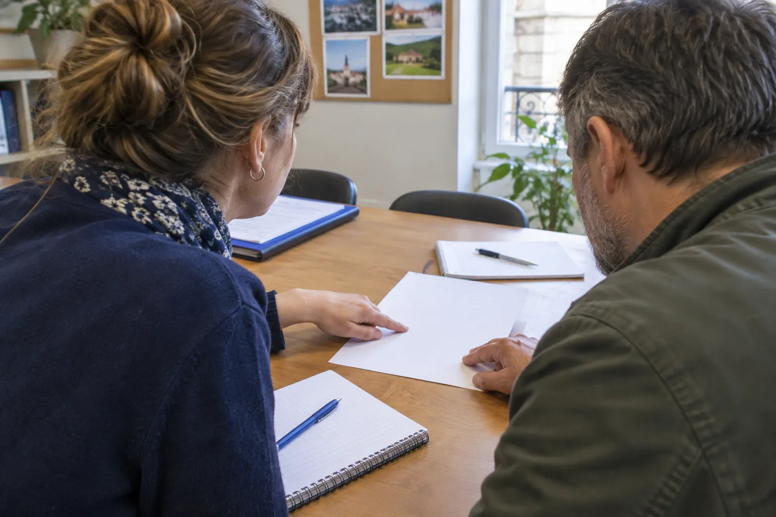 Deux personnes examinent ensemble un courrier et des notes sur une table associative.