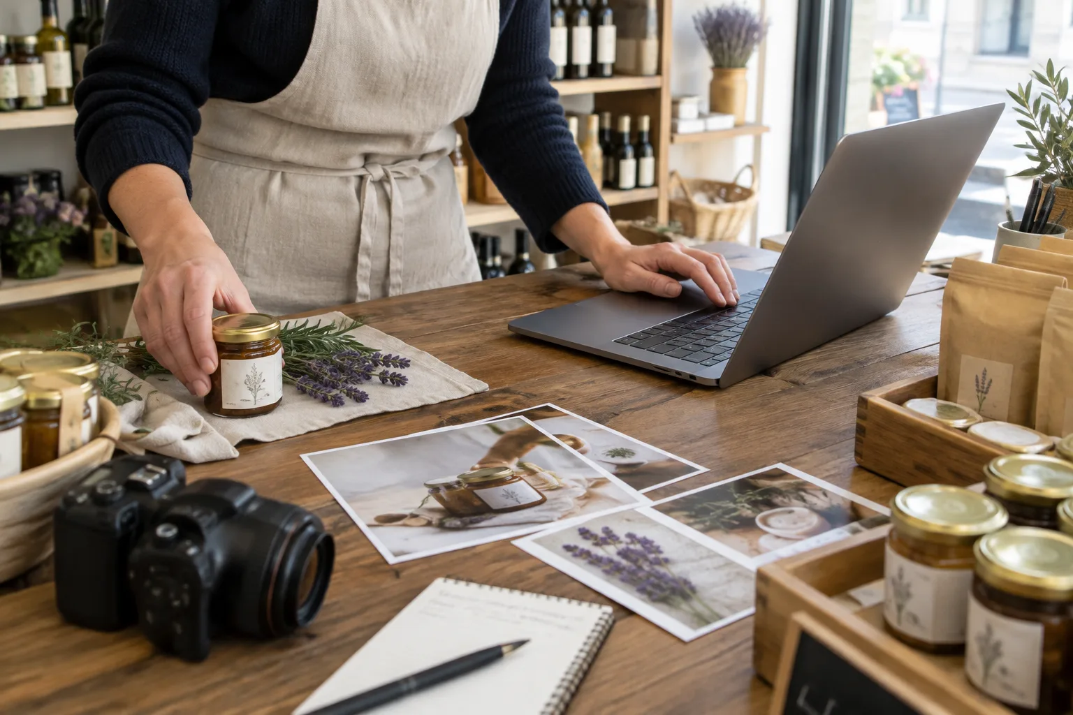 Un commerçant prépare des produits à photographier près d’un ordinateur dans sa boutique.