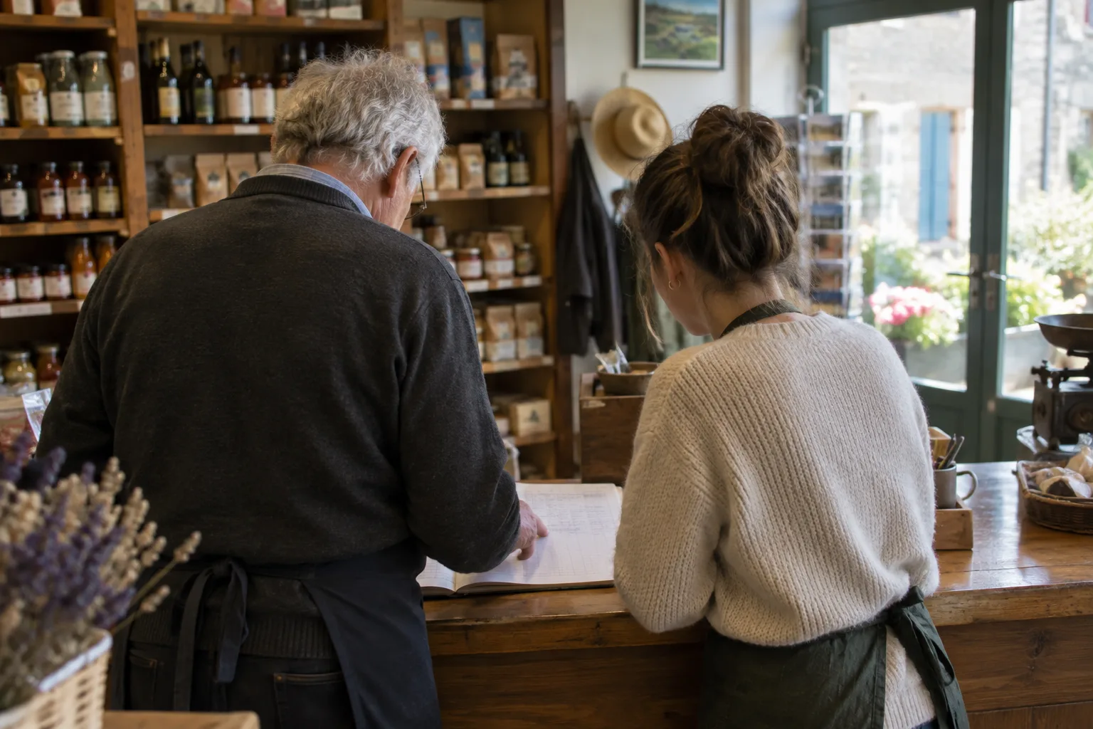 Deux personnes de générations différentes échangent sur des documents dans une petite boutique.