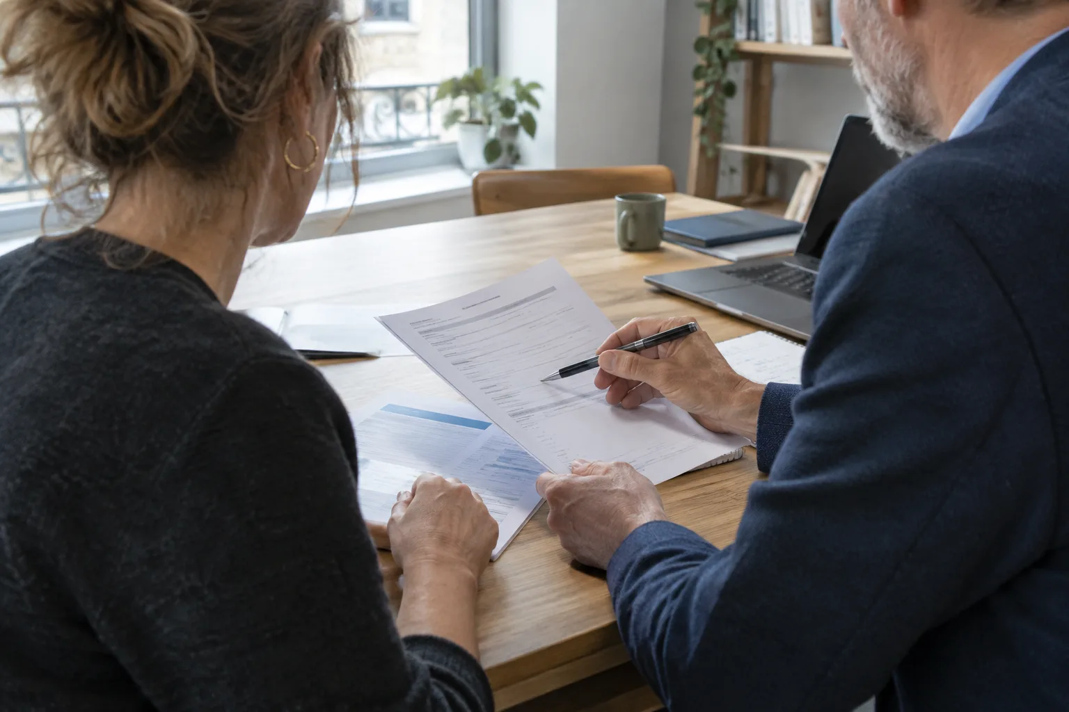 Un entrepreneur et une personne d’une association consultent des documents dans un espace de travail.