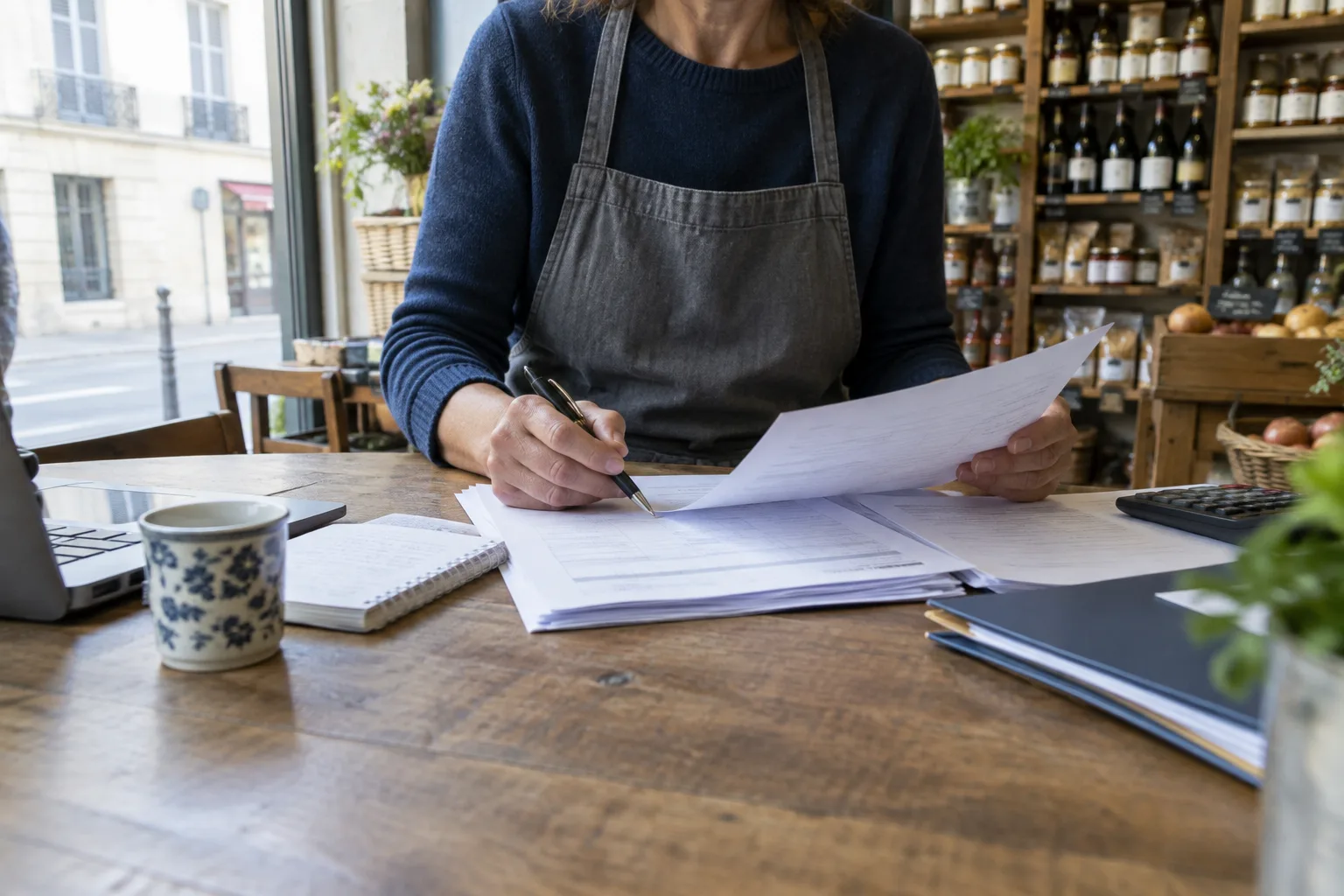 Un entrepreneur consulte des documents sur le comptoir de son commerce.