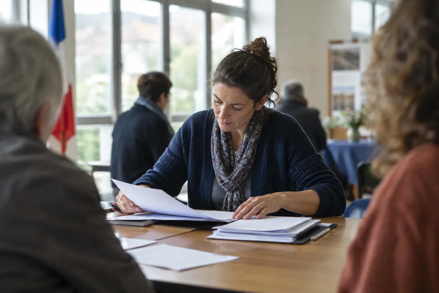 Des documents sont consultés sur une table lors d’un échange dans un local associatif.