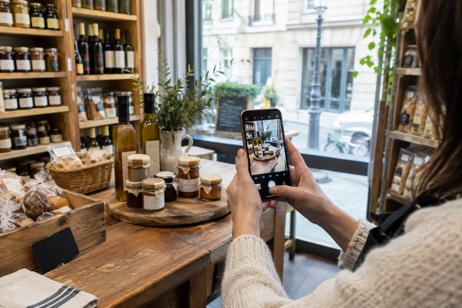 Un commerçant photographie des produits dans sa boutique avec un téléphone.