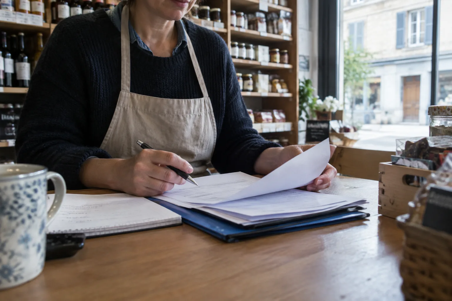 Un entrepreneur examine des documents sur un bureau dans son commerce.