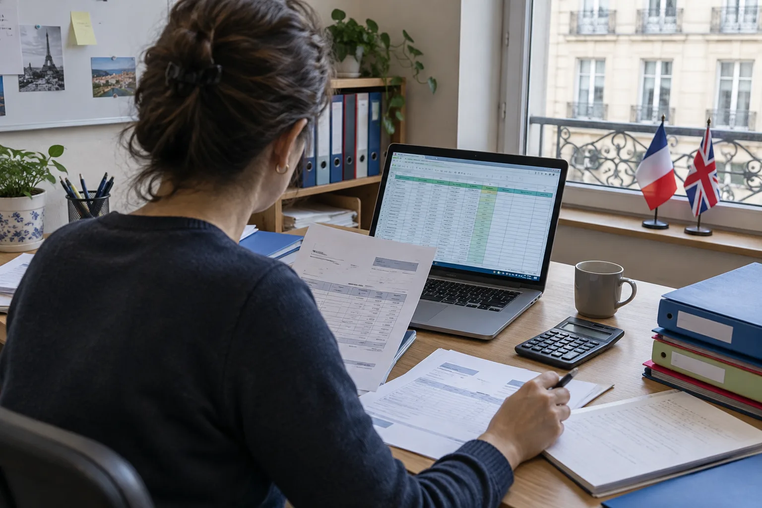 Un entrepreneur consulte des factures et des documents comptables dans un bureau.