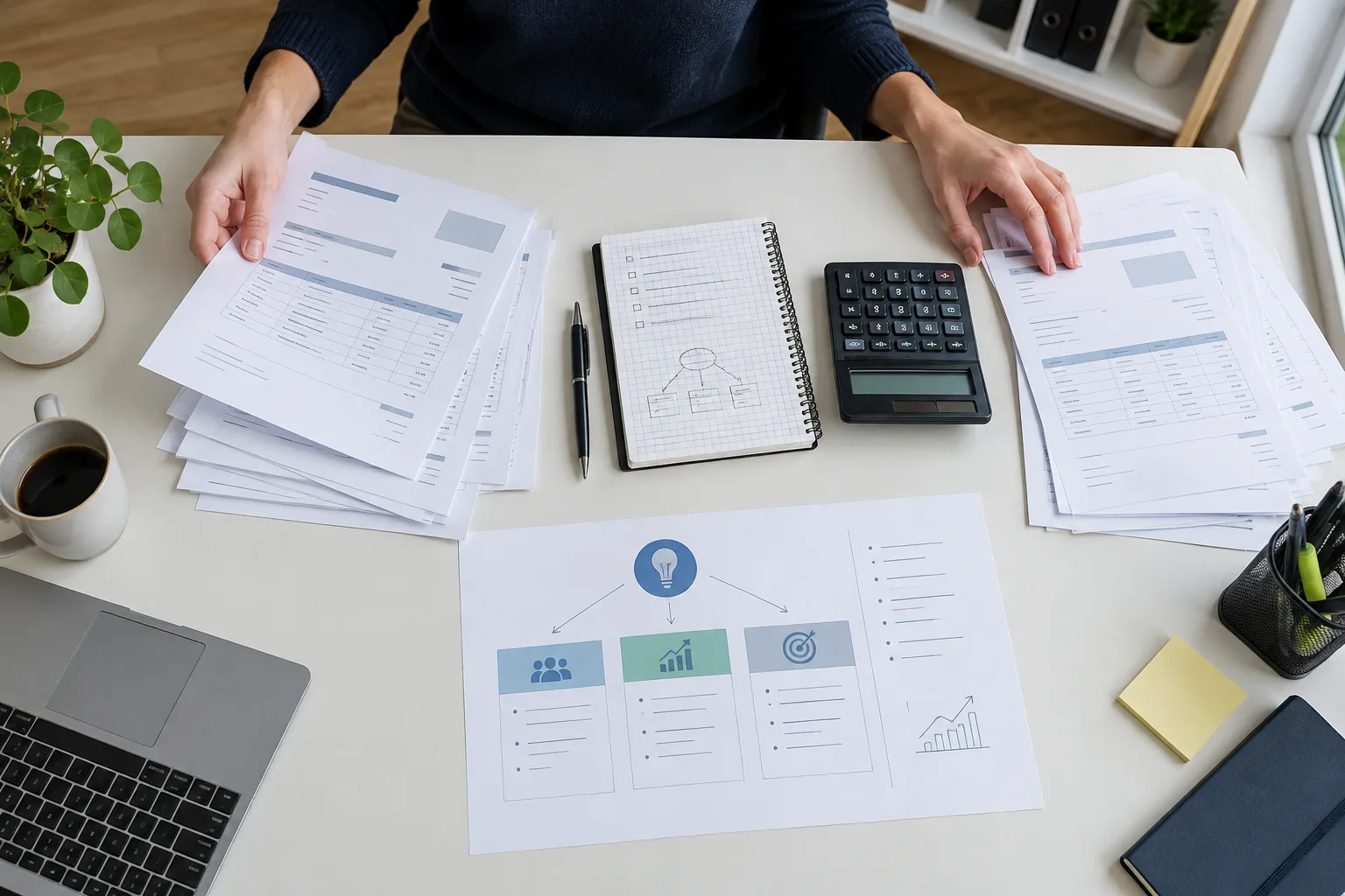 Des mains organisent des factures, un carnet et une calculatrice pour préparer un dossier de financement.