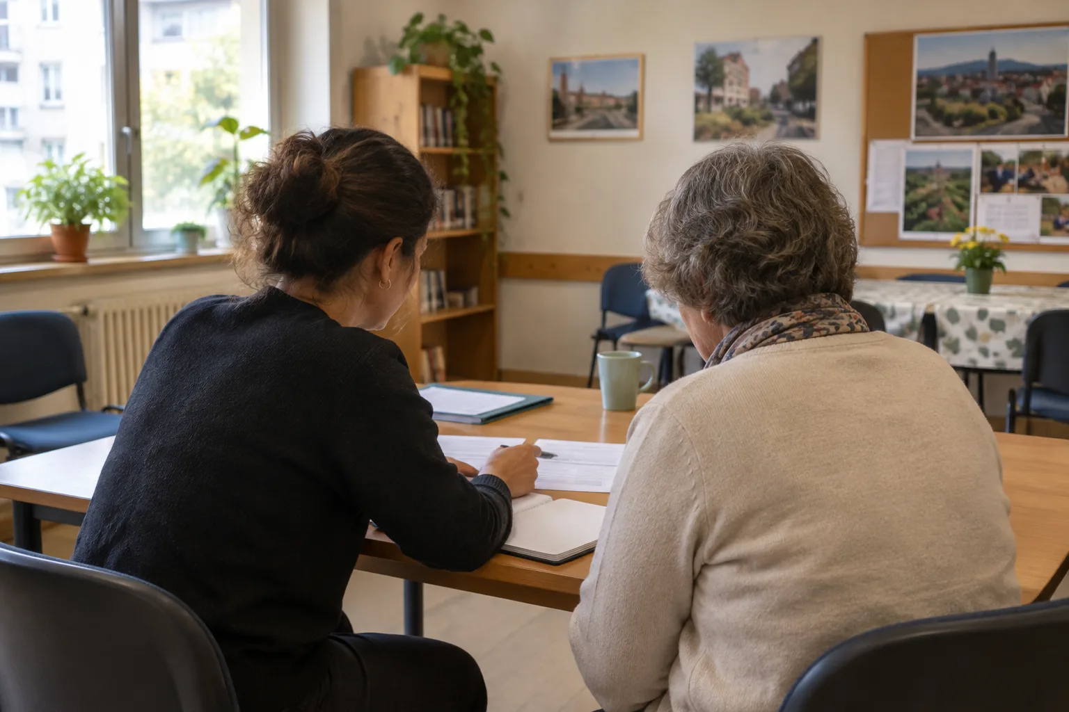 Deux personnes échangent autour de documents lors d’une permanence associative.