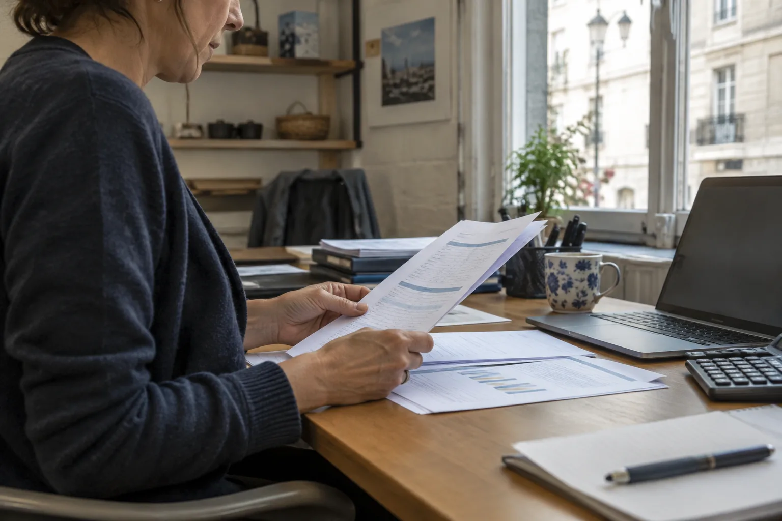 Un entrepreneur examine des documents financiers sur le bureau de son commerce.