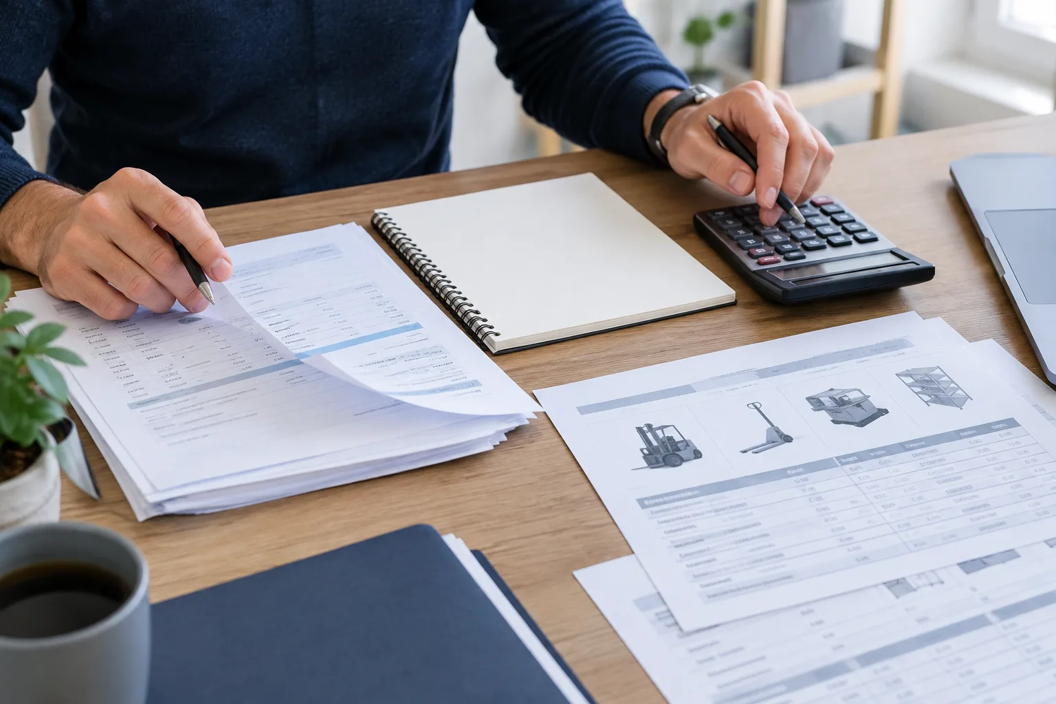 Des devis, un carnet et une calculatrice réunis pour préparer un budget d’entreprise.