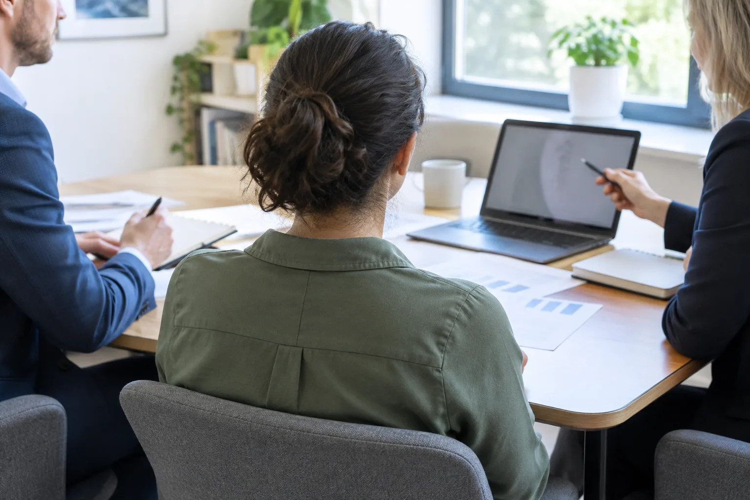 Un entrepreneur échange avec des conseillers autour de documents dans un bureau d’accompagnement.