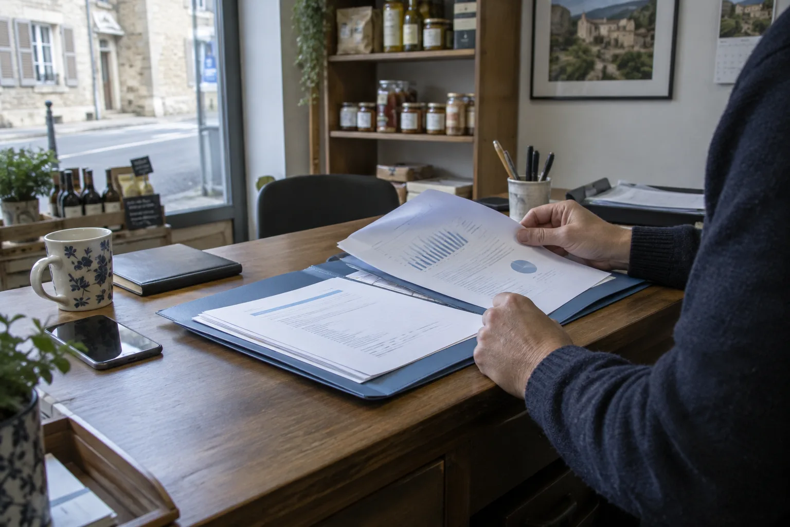 Un entrepreneur examine des documents de financement dans un bureau de commerce.