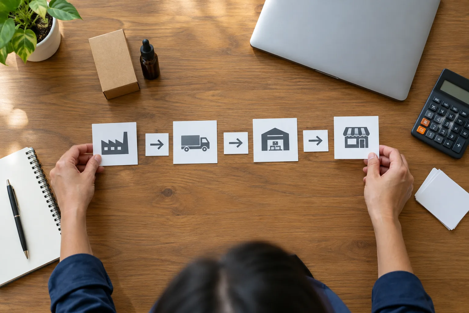 Des mains organisent sur une table les étapes d’une chaîne d’approvisionnement autour d’un échantillon.
