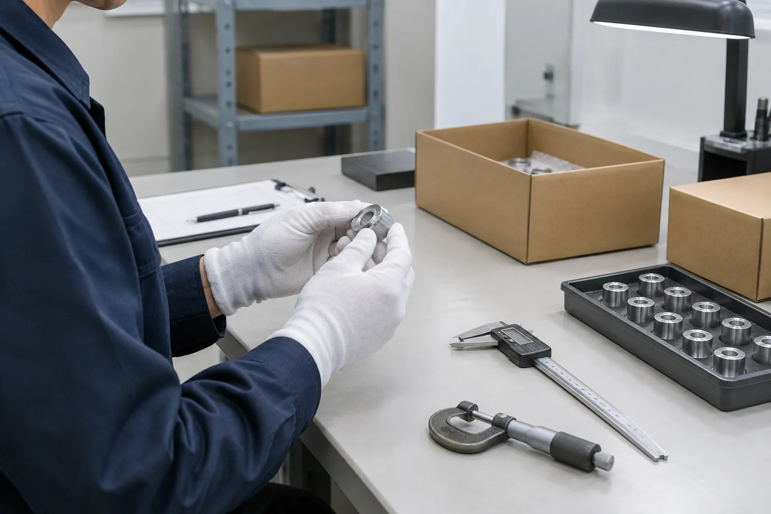 Des mains gantées contrôlent un produit à l’aide d’outils de mesure avant son expédition.