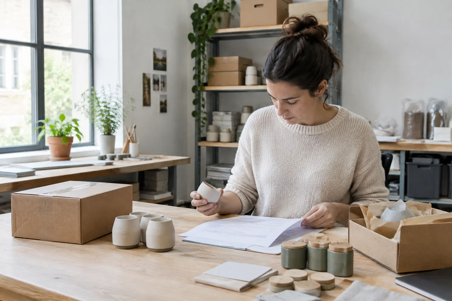 Un entrepreneur examine des échantillons et des documents d’expédition dans un atelier.